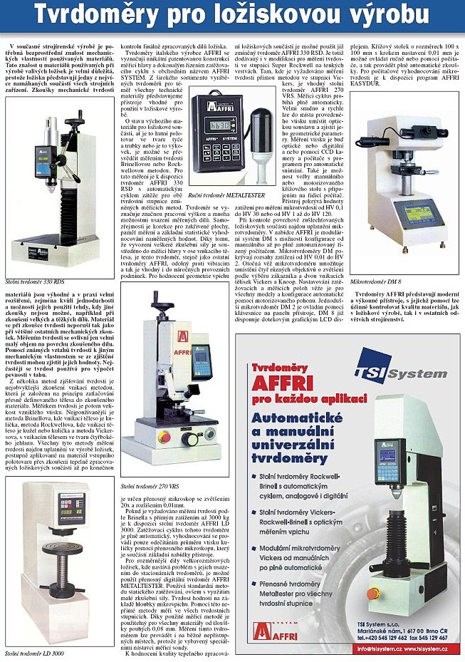 Tvrdoměry pro ložiskovou výrobu, článek 2003
